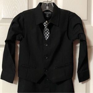 George Kids Size 4/5 Black Suit Vest, Black Button Down Shirt, and Clip On Tie